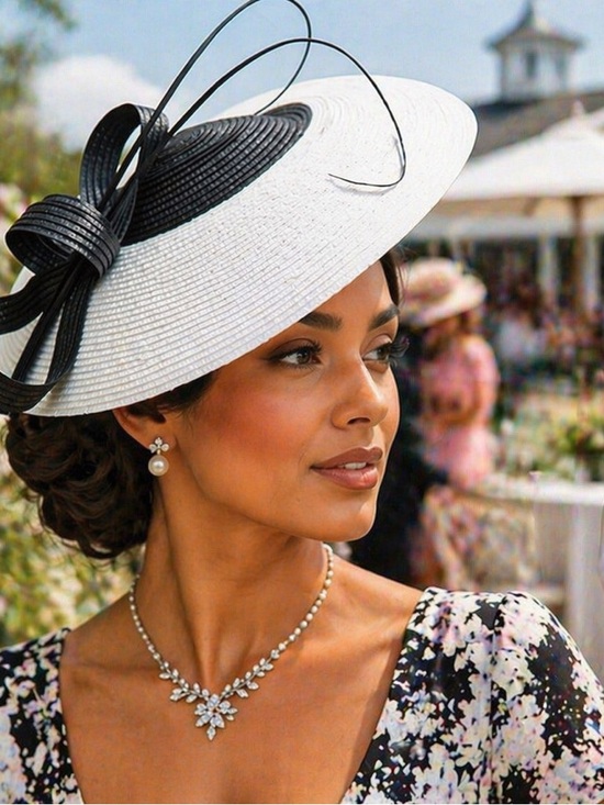 Elegant Black and White Sunday Bow wide brim Hat
